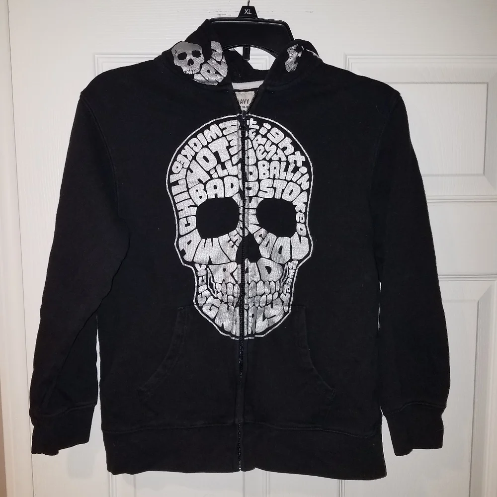 OLD NAVY Black Full Zip Silver Skull Hoodie, L (10/12)